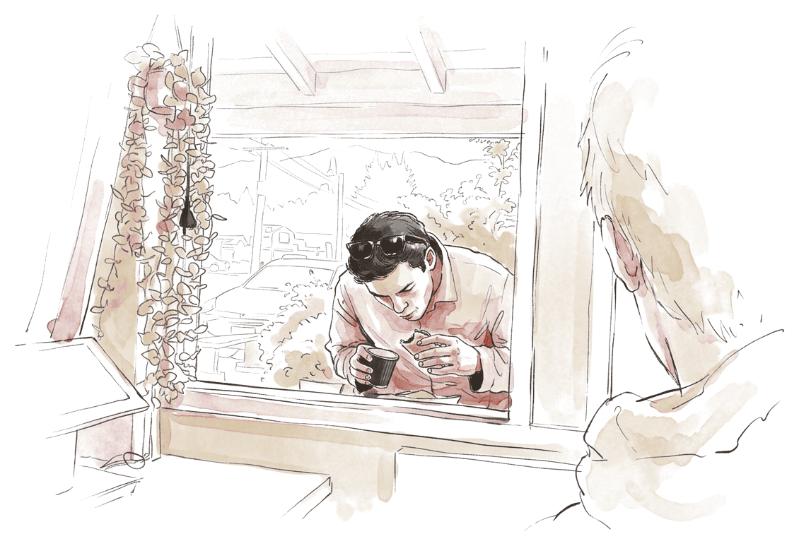 Ink-wash illustration of Jack eating a taco outside the window, seen from inside the café.