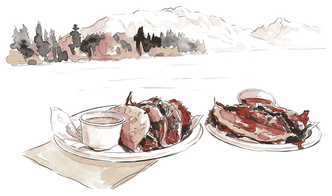 Ink-wash illustration of our taco plates beside Lake Wakatipu, with Queenstown mountains beyond.