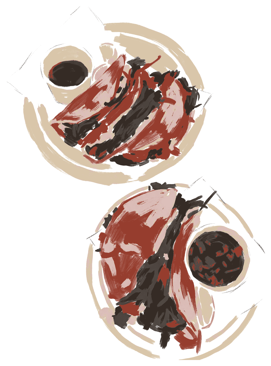 Painted illustration of two plates of quesabirria tacos and consommé.